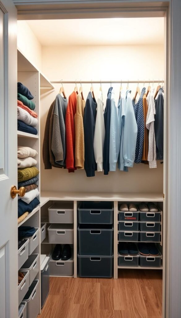 A well-organized closet interior showcasing smart sorting techniques. In the foreground, neatly folded sweaters are arranged by color on one shelf, while categorized shoe boxes line the bottom. In the middle ground, hanging clothes are organized into categories: formal, casual, and seasonal, each with visible tags. The background features a soft light filtering through an open closet door, illuminating a clean, minimalist aesthetic with soft pastel wall colors. The scene is calming, evoking a sense of order and tranquility, perfect for decluttering. The angle is slightly from above, giving a comprehensive view of the sorting system. The overall mood is inviting and fresh, emphasizing simplicity and organization without any distractions. A well-organized closet interior showcasing smart sorting techniques. In the foreground, neatly folded sweaters are arranged by color on one shelf, while categorized shoe boxes line the bottom. In the middle ground, hanging clothes are organized into categories: formal, casual, and seasonal, each with visible tags. The background features a soft light filtering through an open closet door, illuminating a clean, minimalist aesthetic with soft pastel wall colors. The scene is calming, evoking a sense of order and tranquility, perfect for decluttering. The angle is slightly from above, giving a comprehensive view of the sorting system. The overall mood is inviting and fresh, emphasizing simplicity and organization without any distractions.
