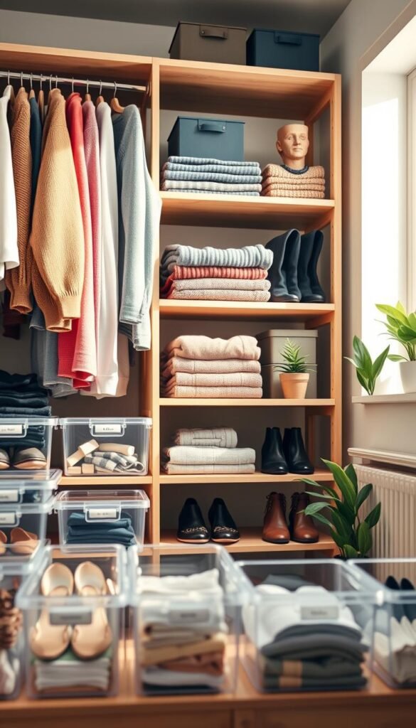 A well-organized closet scene showcasing a set of stylish shelves filled with neatly arranged clothes, shoes, and accessories. In the foreground, emphasize a variety of clear storage bins and dividers neatly labeled, highlighting functionality and organization. The middle ground focuses on the wooden shelves, adorned with colorful sweaters and neatly folded jeans, complemented by some decorative items like plants and storage boxes. The background features a soft, light-colored wall to enhance brightness, creating an inviting ambiance. Natural sunlight filters through a nearby window, casting a gentle glow on the shelves, highlighting textures and colors. The overall mood is fresh, contemporary, and inspiring, inviting viewers to envision an organized closet space. Use a wide-angle lens for depth, ensuring a crisp focal point on the shelves.