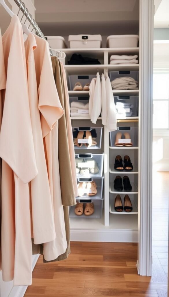 A well-organized closet showcasing a simplified capsule wardrobe setup. In the foreground, neatly hung clothes in a harmonious color palette of pastels, with soft hangers, create a sense of tranquility. The middle features a stylish storage system with clear bins and labeled sections for accessories, shoes stacked neatly on a dedicated shelf. The background reveals an open space with wooden flooring and a soft, natural light streaming in from a window, casting gentle shadows. The overall atmosphere is calm and inviting, suggesting an easy-to-manage wardrobe. Capture this scene from a slightly elevated angle to emphasize depth and organization, highlighting the clean lines and simplicity of the closet design.