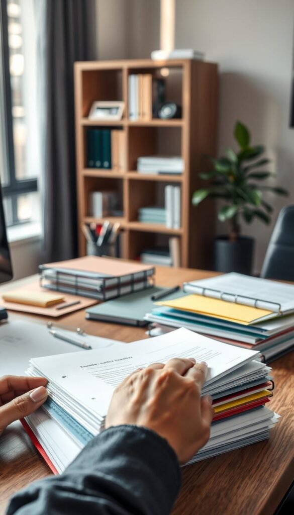 A well-organized desk scene showcasing an array of documents, including colorful folders, neatly stacked papers, and a couple of open binders. In the foreground, focus on a hand elegantly sorting through documents, with polished nails adding a hint of professionalism. The middle layer features a wooden desk lightly cluttered yet organized, with a stylish desk organizer holding pens and sticky notes. In the background, a soft-focus bookshelf filled with books and a serene indoor plant enhances the atmosphere. Use natural lighting streaming in from a nearby window, casting gentle shadows, and creating a warm, inviting mood. The overall feel should convey a sense of order and security, ideal for document management. A well-organized desk scene showcasing an array of documents, including colorful folders, neatly stacked papers, and a couple of open binders. In the foreground, focus on a hand elegantly sorting through documents, with polished nails adding a hint of professionalism. The middle layer features a wooden desk lightly cluttered yet organized, with a stylish desk organizer holding pens and sticky notes. In the background, a soft-focus bookshelf filled with books and a serene indoor plant enhances the atmosphere. Use natural lighting streaming in from a nearby window, casting gentle shadows, and creating a warm, inviting mood. The overall feel should convey a sense of order and security, ideal for document management.