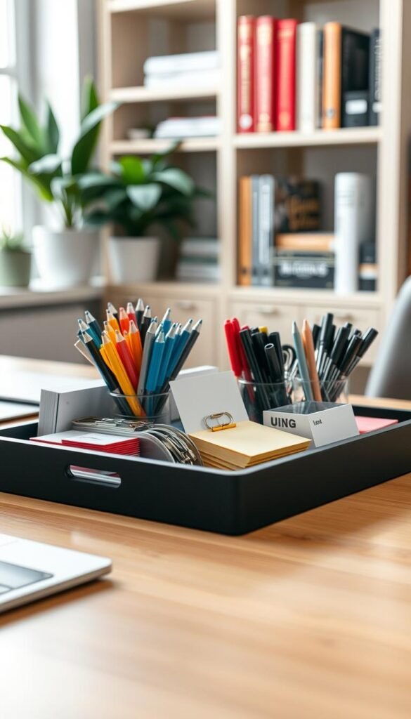 A well-organized desk tray filled with essential office supplies, such as neatly stacked sticky notes, an assortment of colorful pens, and a tidy arrangement of paper clips and business cards. The tray is placed on a clean, polished wooden desk with a soft, natural light illuminating the scene from a nearby window, creating a warm and inviting atmosphere. In the background, out-of-focus shelves filled with books and plants add a sense of calm and order. The image should be captured from a slightly elevated angle, emphasizing the contents of the tray while showcasing the overall tidy workspace, conveying a mood of productivity and clarity, reflecting the theme of desk organization.