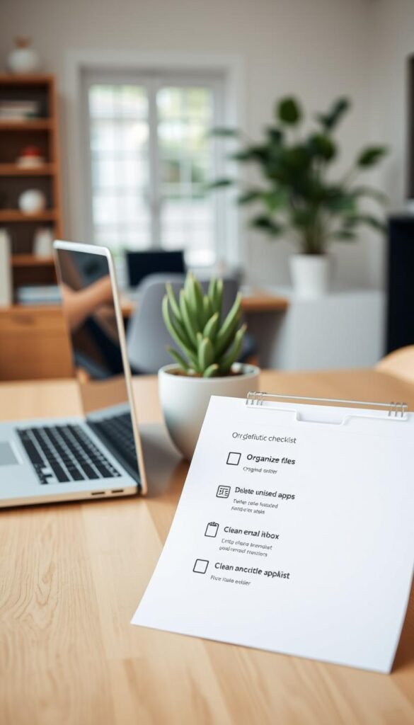 A well-organized digital declutter checklist displayed on a sleek wooden desk, emphasizing clarity and minimalism. The checklist features clean bullet points and icons representing tasks such as "Organize files," "Delete unused apps," and "Clean email inbox." In the foreground, a modern laptop is open, with soft light reflecting off its screen, suggesting productivity. In the middle, a potted succulent adds a touch of greenery, promoting a calming atmosphere. The background features a soft-focus view of a cozy home office with gentle natural light flowing in from a window, creating an inviting and productive mood. The overall composition is bright and airy, radiating a sense of order and efficiency while maintaining a professional touch. A well-organized digital declutter checklist displayed on a sleek wooden desk, emphasizing clarity and minimalism. The checklist features clean bullet points and icons representing tasks such as "Organize files," "Delete unused apps," and "Clean email inbox." In the foreground, a modern laptop is open, with soft light reflecting off its screen, suggesting productivity. In the middle, a potted succulent adds a touch of greenery, promoting a calming atmosphere. The background features a soft-focus view of a cozy home office with gentle natural light flowing in from a window, creating an inviting and productive mood. The overall composition is bright and airy, radiating a sense of order and efficiency while maintaining a professional touch.