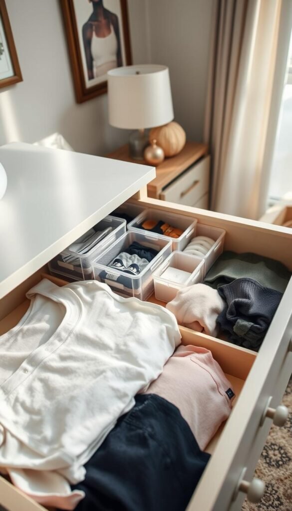 A well-organized dresser drawer layout prominently featuring dividers and organizers, showcasing the file-fold method for clothing storage. In the foreground, an open drawer displays neatly folded t-shirts, pants, and accessories divided by clear, simple dividers in a harmonious arrangement. The middle layer captures the organizers with varying sizes, including bins for smaller items, designed in soft pastel colors to create a calming atmosphere. In the background, the subtle hint of a tastefully decorated bedroom setting, with soft natural lighting streaming in from a nearby window, illuminating the drawer contents. The scene should evoke a sense of order and tranquility, emphasizing the effectiveness of thoughtful organization. A well-organized dresser drawer layout prominently featuring dividers and organizers, showcasing the file-fold method for clothing storage. In the foreground, an open drawer displays neatly folded t-shirts, pants, and accessories divided by clear, simple dividers in a harmonious arrangement. The middle layer captures the organizers with varying sizes, including bins for smaller items, designed in soft pastel colors to create a calming atmosphere. In the background, the subtle hint of a tastefully decorated bedroom setting, with soft natural lighting streaming in from a nearby window, illuminating the drawer contents. The scene should evoke a sense of order and tranquility, emphasizing the effectiveness of thoughtful organization.