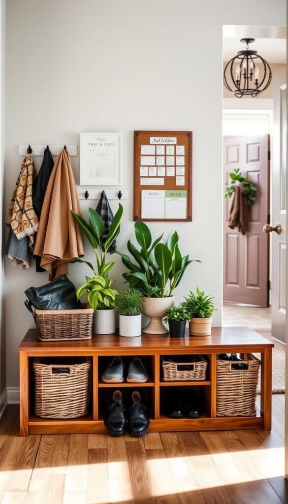 A well-organized drop zone for everyday items, featuring a stylish wooden bench in the foreground with neatly arranged baskets and hooks for storing shoes, bags, and accessories. In the middle, several potted plants add a touch of greenery, while a corkboard displays important reminders and a calendar. The background includes a cozy entryway with a soft rug and an elegant light fixture, casting warm light across the scene. The camera angle is slightly low, highlighting the functionality of the space while maintaining an inviting atmosphere. Overall, the mood is serene and organized, suggesting a practical yet aesthetically pleasing solution for a tidy drop zone. Natural light filters in through an open door, enhancing the inviting ambiance. A well-organized drop zone for everyday items, featuring a stylish wooden bench in the foreground with neatly arranged baskets and hooks for storing shoes, bags, and accessories. In the middle, several potted plants add a touch of greenery, while a corkboard displays important reminders and a calendar. The background includes a cozy entryway with a soft rug and an elegant light fixture, casting warm light across the scene. The camera angle is slightly low, highlighting the functionality of the space while maintaining an inviting atmosphere. Overall, the mood is serene and organized, suggesting a practical yet aesthetically pleasing solution for a tidy drop zone. Natural light filters in through an open door, enhancing the inviting ambiance.