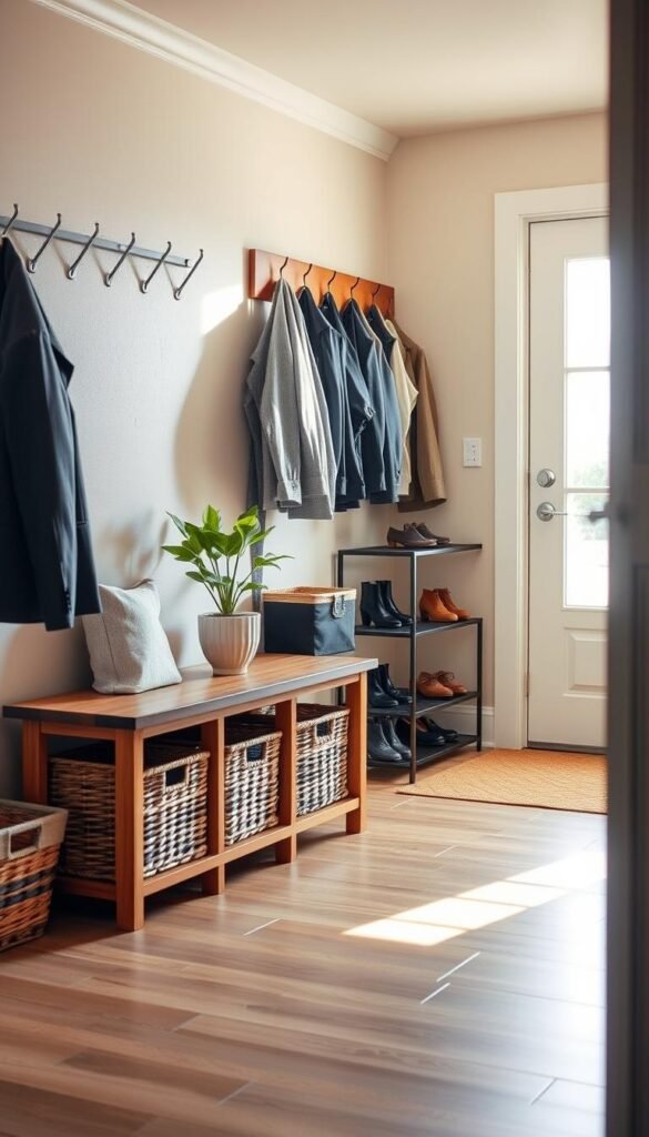 A well-organized drop zone in a bright and airy home entryway. In the foreground, there’s a stylish wooden bench with neatly stacked storage baskets and a small potted plant adding a touch of greenery. To the left, a coat rack displays clean, organized jackets in professional business attire. In the middle, a shoe rack keeps different pairs of shoes aligned and tidy. The background features a sunlit window casting soft, natural light, illuminating the space and enhancing the welcoming atmosphere. The overall mood conveys serenity and order, with warm tones creating a harmonious environment. Use a wide-angle lens to capture the entire drop zone, ensuring clarity and detail in each element. A well-organized drop zone in a bright and airy home entryway. In the foreground, there’s a stylish wooden bench with neatly stacked storage baskets and a small potted plant adding a touch of greenery. To the left, a coat rack displays clean, organized jackets in professional business attire. In the middle, a shoe rack keeps different pairs of shoes aligned and tidy. The background features a sunlit window casting soft, natural light, illuminating the space and enhancing the welcoming atmosphere. The overall mood conveys serenity and order, with warm tones creating a harmonious environment. Use a wide-angle lens to capture the entire drop zone, ensuring clarity and detail in each element.
