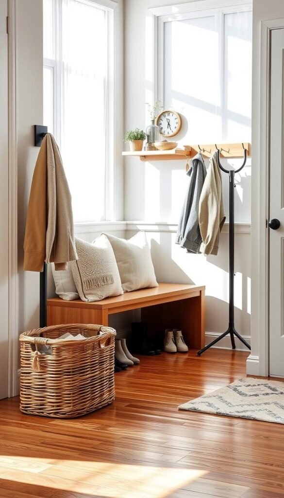 A well-organized drop zone in a stylish entryway, featuring a modern wooden bench with neatly placed cushions. In the foreground, a wicker basket filled with assorted shoes is artfully arranged, while a compact coat rack stands beside it, adorned with a few jackets in neutral colors. In the middle, a decorative wall-mounted shelf displays a small plant, keys in a bowl, and a minimalist clock, exuding functionality and charm. The background reveals a bright, light-filled space with large windows draped in sheer white curtains, casting soft shadows across the polished hardwood floor. The atmosphere is inviting and tidy, embodying a sense of calm and order, with natural daylight illuminating the area. Use a slightly angled view to showcase depth, with an emphasis on warmth and organization. A well-organized drop zone in a stylish entryway, featuring a modern wooden bench with neatly placed cushions. In the foreground, a wicker basket filled with assorted shoes is artfully arranged, while a compact coat rack stands beside it, adorned with a few jackets in neutral colors. In the middle, a decorative wall-mounted shelf displays a small plant, keys in a bowl, and a minimalist clock, exuding functionality and charm. The background reveals a bright, light-filled space with large windows draped in sheer white curtains, casting soft shadows across the polished hardwood floor. The atmosphere is inviting and tidy, embodying a sense of calm and order, with natural daylight illuminating the area. Use a slightly angled view to showcase depth, with an emphasis on warmth and organization.