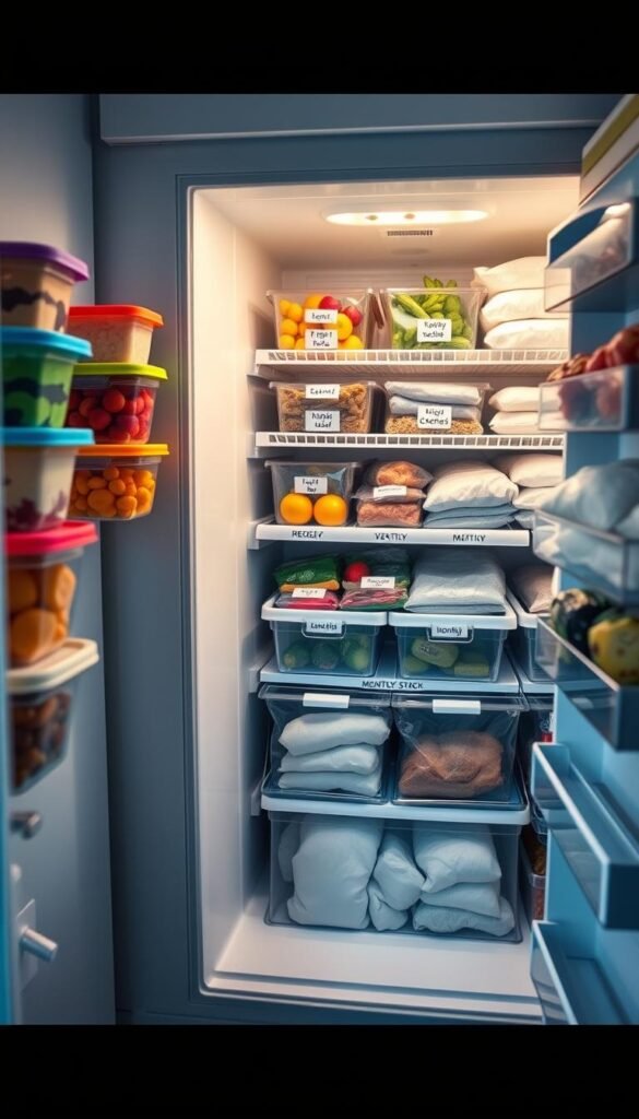 A well-organized freezer, brightly lit with soft natural light illuminating various sections, forms the foreground. To the left, neatly stacked containers labeled with color-coded lids represent daily meal prep routines. In the center, a variety of frozen fruits and vegetables are organized into separate bins, showcasing weekly inventory checks, while a labeled shelf filled with larger bags denotes monthly stock. In the background, the freezer door is ajar, revealing neatly placed ice packs and frozen meats, contributing to an overall sense of freshness and efficiency. The mood is calm and inviting, emphasizing a structured approach to freezer organization, with a shallow depth of field, capturing the detail of each well-organized zone. No people are present in the image, ensuring focus remains on the organized freezer.
