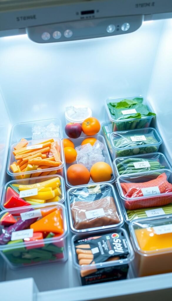 A well-organized freezer drawer, showcasing a variety of neatly arranged food items. In the foreground, frozen vegetables and pre-packaged meals are colorfully sorted into clear bins. In the middle, ice cubes and a few frozen fruits are visible, all while adhering to a clear labeling system for easy identification. In the background, the sleek, white interior of the freezer glimmers under bright LED lighting, reflecting a sense of cleanliness and organization. The angle is slightly above eye level, allowing a comprehensive view of the drawer's contents. The atmosphere is fresh and inviting, embodying a practical yet aesthetically pleasing approach to freezer organization. The image is devoid of any text or other distractions, focusing solely on the visual representation of an organized freezer drawer.