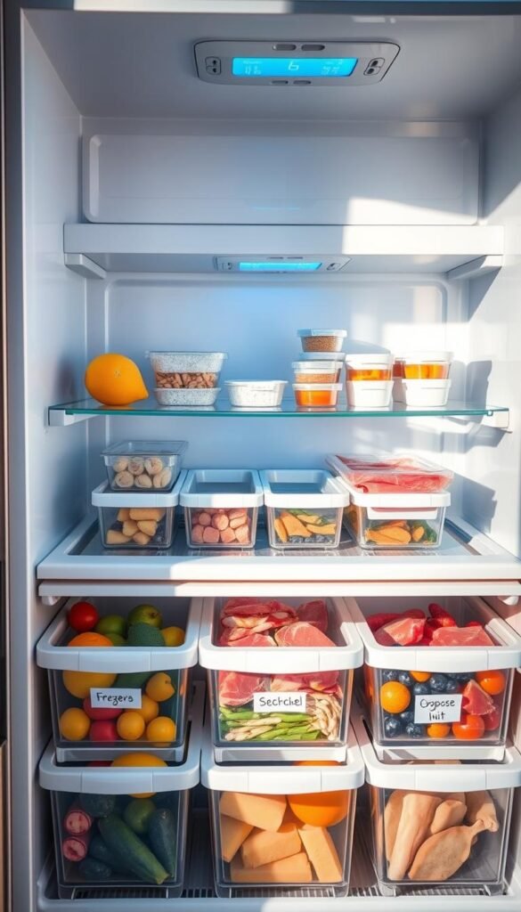 A well-organized freezer interior showcasing distinct "freezer zones" for optimal storage efficiency. In the foreground, display neatly labeled bins, each containing different food categories: fruits, vegetables, meats, and ready-to-eat meals. The middle layer features a sliding glass shelf displaying ice packs and small containers for easy access. The background reveals the freezer's metal walls with a soft blue glow, hinting at the cold environment. Utilize natural lighting that reflects off the surfaces, casting gentle shadows for depth. Capture the scene from a slightly elevated angle to provide a clear view of the organization system. The atmosphere should convey a sense of order and tranquility, inviting viewers to embrace the concept of freezer organization for hassle-free meal prep.