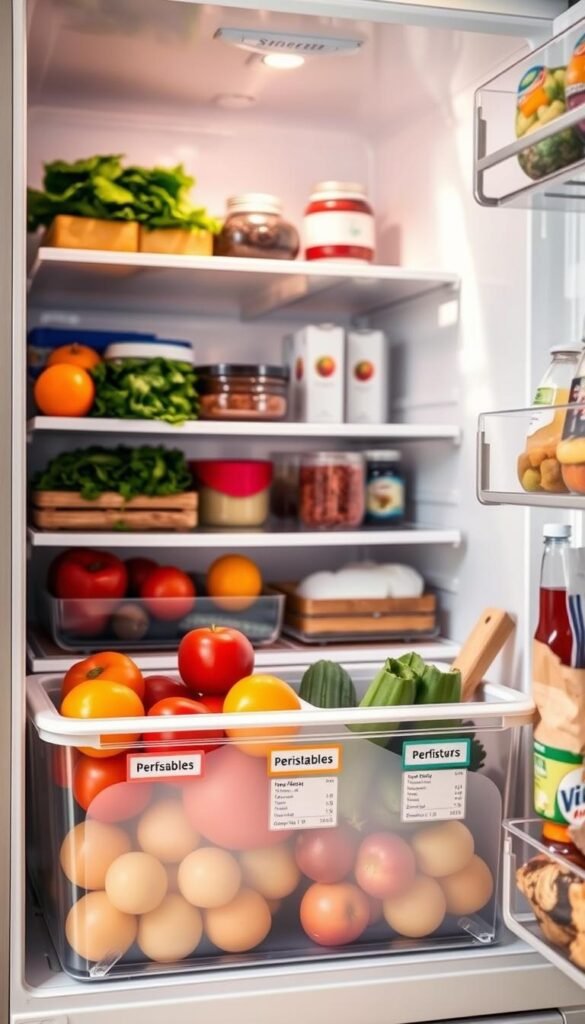 A well-organized fridge interior showcasing a labeled bin specifically designed for perishables, such as fruits and vegetables. The bin is prominently displayed in the foreground, with clear, colorful labels denoting contents and expiration dates. In the middle ground, several shelves feature neatly arranged food items, highlighting a variety of healthy options like fresh produce, dairy, and leftovers, all organized by categories. The background exhibits a clean, modern fridge with soft, natural lighting illuminating the contents, creating a warm and inviting atmosphere. The angle is slightly above eye level to emphasize the organization, with a focus on the details of the labels and the freshness of the food, portraying a sense of efficiency and care in food management. A well-organized fridge interior showcasing a labeled bin specifically designed for perishables, such as fruits and vegetables. The bin is prominently displayed in the foreground, with clear, colorful labels denoting contents and expiration dates. In the middle ground, several shelves feature neatly arranged food items, highlighting a variety of healthy options like fresh produce, dairy, and leftovers, all organized by categories. The background exhibits a clean, modern fridge with soft, natural lighting illuminating the contents, creating a warm and inviting atmosphere. The angle is slightly above eye level to emphasize the organization, with a focus on the details of the labels and the freshness of the food, portraying a sense of efficiency and care in food management.