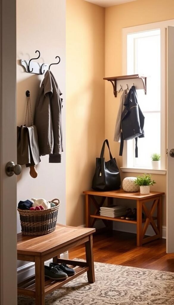 A well-organized home drop zone, showcasing a dedicated area by a front entrance. In the foreground, a stylish, wooden bench serves as a seating space for putting on shoes, next to a cozy rug. There’s a decorative basket filled with a few assorted items like gloves and hats. In the middle ground, an elegant wall-mounted coat rack holds neatly hung jackets and bags, accompanied by hooks for keys. Beyond that, a bright window lets natural light flood the space, illuminating a small potted plant on a shelf. The background features a soft, warm-toned wall, creating a welcoming atmosphere. Use soft, diffused lighting that enhances the overall tidy and inviting feel of the drop zone, emphasizing organization and cleanliness. A well-organized home drop zone, showcasing a dedicated area by a front entrance. In the foreground, a stylish, wooden bench serves as a seating space for putting on shoes, next to a cozy rug. There’s a decorative basket filled with a few assorted items like gloves and hats. In the middle ground, an elegant wall-mounted coat rack holds neatly hung jackets and bags, accompanied by hooks for keys. Beyond that, a bright window lets natural light flood the space, illuminating a small potted plant on a shelf. The background features a soft, warm-toned wall, creating a welcoming atmosphere. Use soft, diffused lighting that enhances the overall tidy and inviting feel of the drop zone, emphasizing organization and cleanliness.