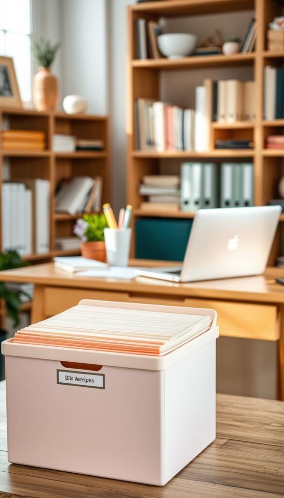 A well-organized home office scene showcasing a simple filing system for important papers. In the foreground, two neatly stacked file boxes in soft pastel colors, labeled for different categories such as "Bills," "Receipts," and "Personal Documents." In the middle ground, a wooden desk with an open laptop, a small potted plant, and a cup of pens, creating a functional workspace. In the background, a cozy bookshelf filled with neatly arranged books and decorative items, softly illuminated by natural light coming through a window. The overall atmosphere is calm and productive, evoking a sense of order and clarity in managing essential paperwork. Capture the scene with a slightly high-angle lens to emphasize the organization of the space. A well-organized home office scene showcasing a simple filing system for important papers. In the foreground, two neatly stacked file boxes in soft pastel colors, labeled for different categories such as "Bills," "Receipts," and "Personal Documents." In the middle ground, a wooden desk with an open laptop, a small potted plant, and a cup of pens, creating a functional workspace. In the background, a cozy bookshelf filled with neatly arranged books and decorative items, softly illuminated by natural light coming through a window. The overall atmosphere is calm and productive, evoking a sense of order and clarity in managing essential paperwork. Capture the scene with a slightly high-angle lens to emphasize the organization of the space.