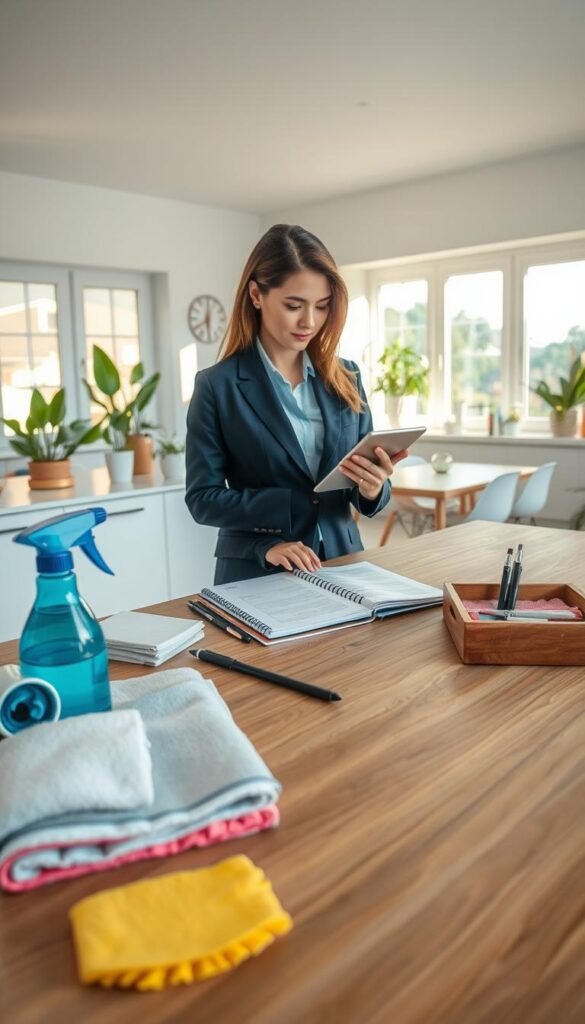 A well-organized home workspace that demonstrates effective time-saving tactics. The foreground features a neatly arranged desk with modern cleaning tools like microfiber cloths, a spray bottle, and a planner. In the middle, a focused individual in professional attire is actively using a digital device to manage chores, symbolizing efficiency. The background shows a minimalist, sparkling clean kitchen and living area, with plants and natural light streaming through large windows, enhancing the atmosphere of clarity and productivity. Soft, warm lighting creates an inviting mood. The composition emphasizes simplicity, functionality, and a sense of accomplishment, illustrating smart strategies that make cleaning faster and easier.