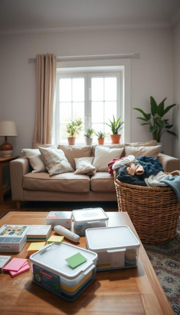 A well-organized, inviting living room scene depicting a "30-day decluttering" theme. In the foreground, a neatly arranged coffee table features decluttering supplies: label maker, storage boxes, and colorful post-its. The middle ground showcases a cozy sofa adorned with soft cushions, alongside a large basket filled with gently used clothes ready to donate. The background showcases an airy window letting in soft, natural light, illuminating a few potted plants that add a touch of tranquility. The overall atmosphere exudes calmness and motivation, reflecting a satisfying, achievable journey towards a clutter-free space. Use a warm color palette, with the focus on creating a sense of peace and accomplishment in a home environment.