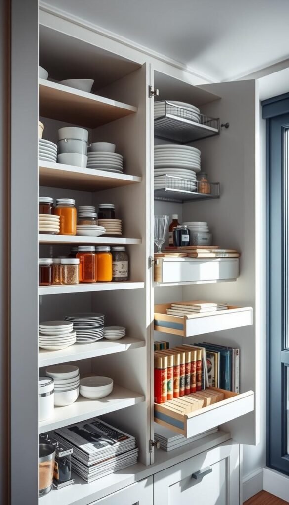 A well-organized kitchen cabinet featuring multi-tiered shelves, elegantly designed with varying heights, showcasing an array of kitchen organization tools like risers, spice racks, and pull-out baskets. The foreground displays a neatly arranged shelf filled with colorful dishes and jars, emphasizing practicality and style. The middle ground highlights pull-out sections revealing neatly organized kitchen essentials, such as neat stacks of spices and cookbooks. The background includes soft, diffused natural light filtering through a nearby window, creating a warm and inviting atmosphere. The angle is a slight top-down view, offering a comprehensive perspective of the cabinet's functionality while reflecting a modern, minimalist aesthetic. The overall mood is serene and thoughtfully curated, ideal for small spaces.