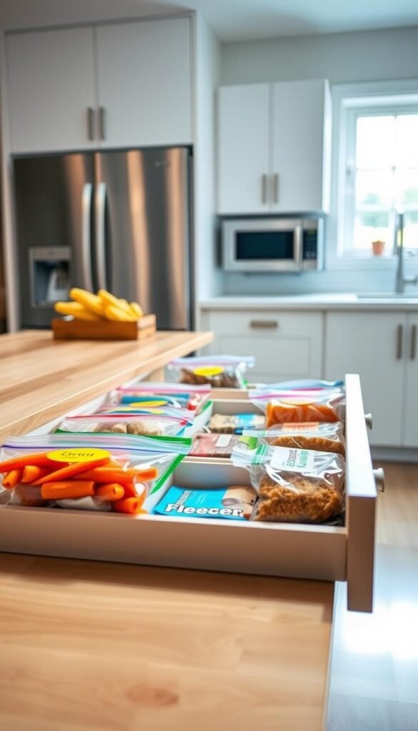 A well-organized kitchen drawer filled with neatly arranged freezer bags containing various frozen foods. In the foreground, a smooth wooden surface displays the open drawer, showcasing bright, colorful labels on each bag, such as vegetables, meats, and prepared meals. In the middle, the drawer's organized compartments highlight a clear system, with transparent bags for easy visibility. In the background, a clean, modern kitchen setting enhances the scene, featuring stainless steel appliances and a bright window allowing natural light to illuminate the space. The atmosphere is tidy and inviting, suggesting efficiency and simplicity in freezer organization, with soft lighting that creates a warm and friendly feel.