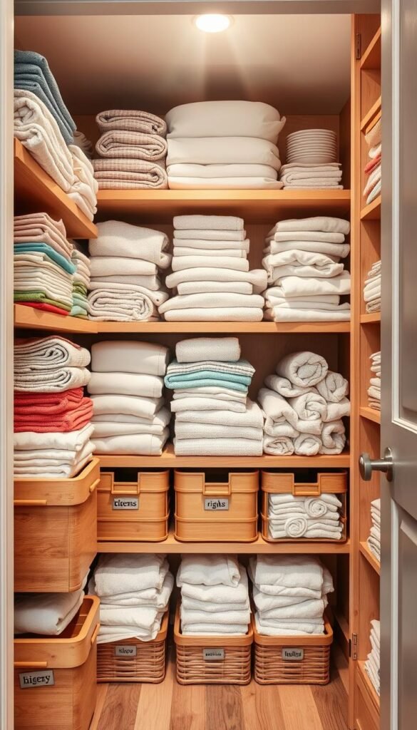 A well-organized linen closet filled with an assortment of kitchen and pantry linens. In the foreground, neatly folded towels, colorful napkins, and practical wipes stacked in labeled wooden bins. The middle ground features a section for dishcloths and rags, each in soft pastel shades, arranged in an orderly fashion. The shelves are made of warm, light-colored wood, enhancing the cozy atmosphere. In the background, a hint of sunlight filters through a nearby window, casting gentle shadows and creating a warm, inviting glow. The overall mood is tidy and functional, perfect for showcasing efficient storage solutions in a charming kitchen setting, rendered in high detail with a focus on texture and color. A well-organized linen closet filled with an assortment of kitchen and pantry linens. In the foreground, neatly folded towels, colorful napkins, and practical wipes stacked in labeled wooden bins. The middle ground features a section for dishcloths and rags, each in soft pastel shades, arranged in an orderly fashion. The shelves are made of warm, light-colored wood, enhancing the cozy atmosphere. In the background, a hint of sunlight filters through a nearby window, casting gentle shadows and creating a warm, inviting glow. The overall mood is tidy and functional, perfect for showcasing efficient storage solutions in a charming kitchen setting, rendered in high detail with a focus on texture and color.