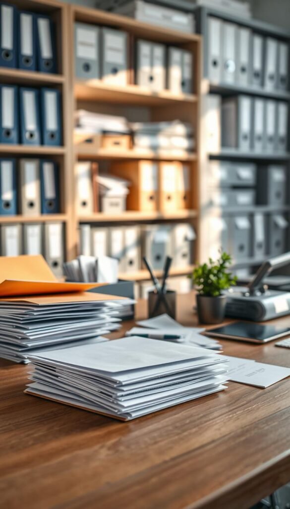 A well-organized mail station featuring various paper hotspots like cluttered piles of bills, important documents, and stationery items, neatly arranged on a sleek wooden desk. In the foreground, a small stack of envelopes and a colorful folder, partially opened, display their content. The middle ground includes a digital mail organizer with a few scattered papers, a stylish pen holder, and a plant for a touch of greenery. The background shows softly blurred shelves filled with neatly sorted binders and storage boxes, suggesting a modern workspace. Soft, warm natural light filters through a nearby window, casting gentle shadows, creating a calm and inviting atmosphere. The image presents a professional setting suitable for decluttering, showcasing effective organization methods without any people, ensuring focus remains on the mail station.