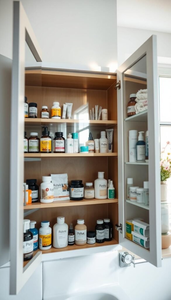 A well-organized medicine cabinet in a bright, modern bathroom. In the foreground, neatly arranged shelves display various health and beauty items such as bottles of vitamins, bandages, and skincare products, all color-coordinated for a visually appealing effect. The middle layer features an open mirrored cabinet door reflecting soft natural light that streams in from a nearby window, adding warmth to the scene. The background includes subtle hints of bathroom décor, like potted plants and fluffy towels, enhancing the atmosphere of cleanliness and tranquility. The image should be taken from a slightly elevated angle, showcasing the depth and organization of the cabinet while maintaining a calm and inviting mood. A well-organized medicine cabinet in a bright, modern bathroom. In the foreground, neatly arranged shelves display various health and beauty items such as bottles of vitamins, bandages, and skincare products, all color-coordinated for a visually appealing effect. The middle layer features an open mirrored cabinet door reflecting soft natural light that streams in from a nearby window, adding warmth to the scene. The background includes subtle hints of bathroom décor, like potted plants and fluffy towels, enhancing the atmosphere of cleanliness and tranquility. The image should be taken from a slightly elevated angle, showcasing the depth and organization of the cabinet while maintaining a calm and inviting mood.
