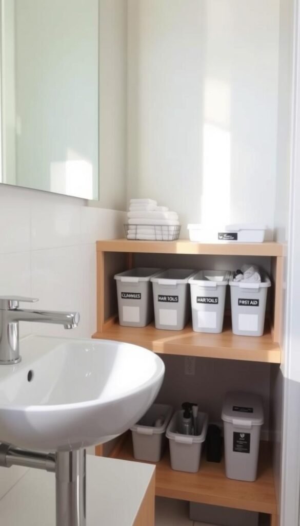 A well-organized, modern bathroom sink space showcasing under-the-sink organization solutions. In the foreground, a stylish, white ceramic sink with contemporary fixtures reflects soft, natural light. The middle area features neatly arranged storage bins with labeled categories like "Cleaning Supplies," "Hair Tools," and "First Aid" on a light wood shelf. In the background, a soft pastel wall complements a mirror that adds depth. Gentle, diffused lighting illuminates the entire scene, creating a tranquil and inviting atmosphere. The angle is slightly above eye level, emphasizing the functional, organized aspect of the bathroom. The mood is serene and efficient, perfect for inspiring readers to improve their under-the-sink organization.