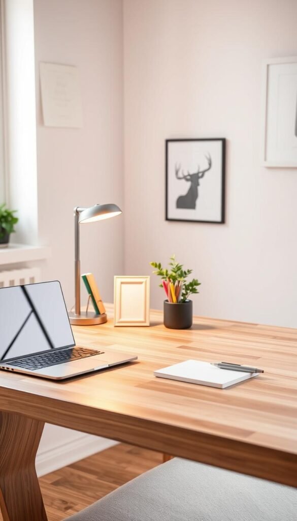 A well-organized modern desk in a bright, airy home office setting. In the foreground, a sleek wooden desk features a neatly arranged laptop, a stylish desk lamp casting soft, warm light, and a few elegant stationery items like a pen holder filled with colorful pens and a notepad. In the middle, an aesthetic plant and a calming photo frame add a touch of personal charm. The background showcases light, neutral-colored walls adorned with minimalistic artwork. The scene is captured from a slightly elevated angle to emphasize the desk’s organization, illuminated by natural daylight filtering through a nearby window, creating a serene and productive atmosphere. The overall mood is one of clarity and tranquility, highlighting the importance of an organized workspace.