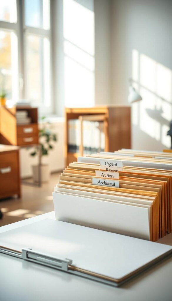 A well-organized office workspace featuring a five-file system for sorting mail and incoming papers. In the foreground, a modern desk with neatly arranged file folders, each labeled according to the categories of the five-file system: “Urgent”, “Review”, “Action”, “Archive”, and “Miscellaneous”. In the middle, an elegant, wooden filing cabinet partially open, revealing additional neatly organized files. The background includes a light-filled room with soft, natural lighting filtering through a window, casting gentle shadows on the floor. The atmosphere is calm and productive, suggesting efficiency and order. The shot is captured at a slight angle to showcase depth, using a shallow depth of field to keep the focus on the organized filing system while blurring the background details. No human elements in the image. A well-organized office workspace featuring a five-file system for sorting mail and incoming papers. In the foreground, a modern desk with neatly arranged file folders, each labeled according to the categories of the five-file system: “Urgent”, “Review”, “Action”, “Archive”, and “Miscellaneous”. In the middle, an elegant, wooden filing cabinet partially open, revealing additional neatly organized files. The background includes a light-filled room with soft, natural lighting filtering through a window, casting gentle shadows on the floor. The atmosphere is calm and productive, suggesting efficiency and order. The shot is captured at a slight angle to showcase depth, using a shallow depth of field to keep the focus on the organized filing system while blurring the background details. No human elements in the image.