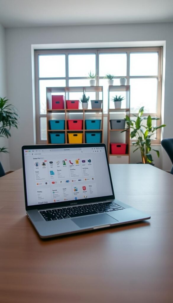 A well-organized office workspace portraying a “search-first organization.” In the foreground, a sleek and modern desk features an open laptop displaying a digital interface filled with neatly categorized folders and search bars. An aesthetically pleasing bookshelf in the middle holds color-coded storage boxes, neatly labeled, along with a few potted plants for a touch of nature. The background shows a large window allowing soft, natural light to illuminate the space, casting gentle shadows. The mood is calm and inspiring, conveying productivity and clarity. The angle is slightly elevated, giving a bird's-eye view of the entire setup. This scene embodies simplicity and efficiency, promoting the ease of decluttering through effective organizational systems. A well-organized office workspace portraying a “search-first organization.” In the foreground, a sleek and modern desk features an open laptop displaying a digital interface filled with neatly categorized folders and search bars. An aesthetically pleasing bookshelf in the middle holds color-coded storage boxes, neatly labeled, along with a few potted plants for a touch of nature. The background shows a large window allowing soft, natural light to illuminate the space, casting gentle shadows. The mood is calm and inspiring, conveying productivity and clarity. The angle is slightly elevated, giving a bird's-eye view of the entire setup. This scene embodies simplicity and efficiency, promoting the ease of decluttering through effective organizational systems.