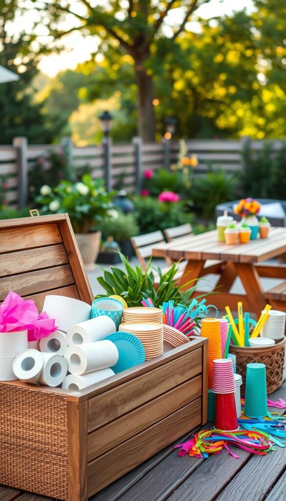 A well-organized outdoor deck area featuring stylish deck boxes filled with assorted paper goods and colorful party supplies. In the foreground, a wooden deck box with a textured finish, partially open to reveal neatly stacked rolls of paper towels, napkins, and decorative plates. Surrounding it are various vibrant party supplies like disposable cups and streamers, creating a festive atmosphere. In the middle ground, a cozy patio space with green plants and a sun-drenched picnic table, emphasizing a cheerful outdoor vibe. The background includes a serene garden view, with soft evening light filtering through trees, casting warm highlights and shadows. Capture the scene from a slightly elevated angle to provide depth, evoking a sense of organized charm and practicality. A well-organized outdoor deck area featuring stylish deck boxes filled with assorted paper goods and colorful party supplies. In the foreground, a wooden deck box with a textured finish, partially open to reveal neatly stacked rolls of paper towels, napkins, and decorative plates. Surrounding it are various vibrant party supplies like disposable cups and streamers, creating a festive atmosphere. In the middle ground, a cozy patio space with green plants and a sun-drenched picnic table, emphasizing a cheerful outdoor vibe. The background includes a serene garden view, with soft evening light filtering through trees, casting warm highlights and shadows. Capture the scene from a slightly elevated angle to provide depth, evoking a sense of organized charm and practicality.