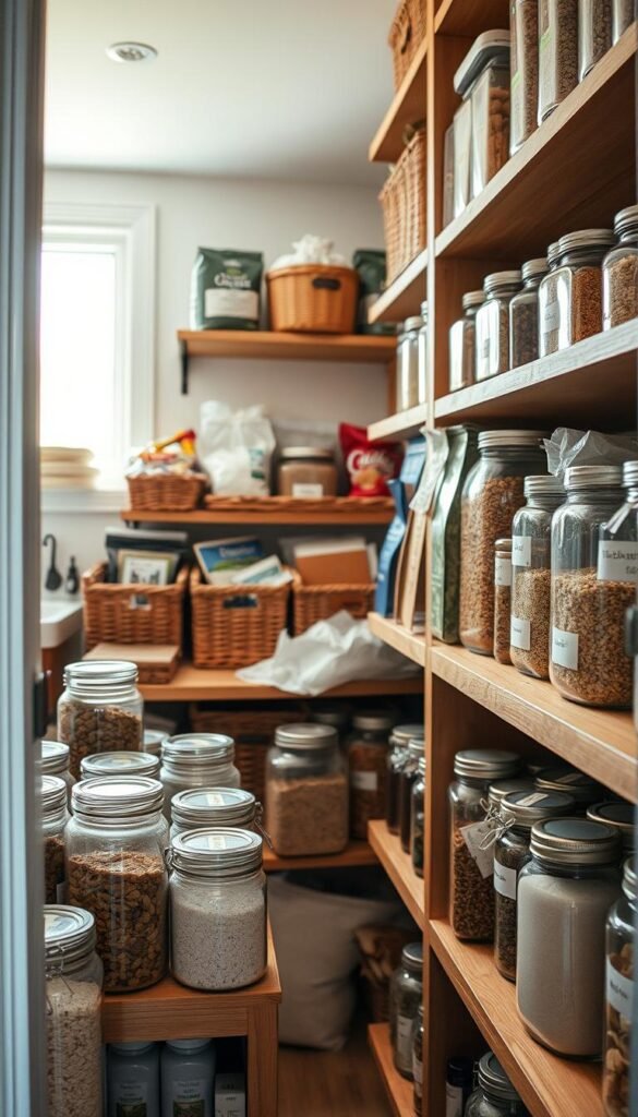 A well-organized pantry showcasing a budget-friendly approach to storage. In the foreground, neatly labeled glass jars filled with spices, grains, and snacks sit on wooden shelves, creating an inviting, homey feel. The middle ground features an arrangement of wicker baskets holding bulk items and packets, with a light, airy kitchen atmosphere. In the background, soft, natural light filters through a nearby window, illuminating the scene and casting gentle shadows. The expertly arranged items are organized by category, emphasizing functionality and aesthetic appeal. The overall mood is warm and cozy, embodying the essence of a practical yet visually pleasing pantry. A wide-angle lens captures the depth of the space, inviting viewers into this organized haven. A well-organized pantry showcasing a budget-friendly approach to storage. In the foreground, neatly labeled glass jars filled with spices, grains, and snacks sit on wooden shelves, creating an inviting, homey feel. The middle ground features an arrangement of wicker baskets holding bulk items and packets, with a light, airy kitchen atmosphere. In the background, soft, natural light filters through a nearby window, illuminating the scene and casting gentle shadows. The expertly arranged items are organized by category, emphasizing functionality and aesthetic appeal. The overall mood is warm and cozy, embodying the essence of a practical yet visually pleasing pantry. A wide-angle lens captures the depth of the space, inviting viewers into this organized haven.