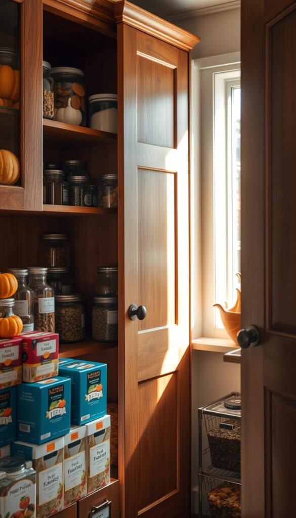 A well-organized pantry space, showcasing wooden cabinets with various jars filled with seasonal items like pumpkins, spices, and dried fruits. The foreground features neatly stacked boxes of tea and grains, while the middle includes open cabinet doors revealing colorful, labeled containers. In the background, soft natural light filters through a nearby window, casting gentle shadows that enhance the cozy, autumnal atmosphere. The scene is captured from a slightly elevated angle, emphasizing the space's orderliness and inviting appearance. The warm color palette of browns, oranges, and yellows reflects the fall season, creating a serene, inviting mood perfect for seasonal cleaning. No people are present in the image.