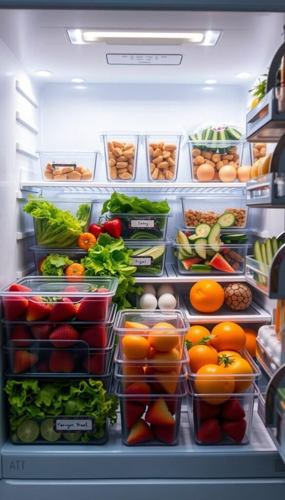 A well-organized refrigerator filled with a variety of colorful, fresh foods. In the foreground, neatly stacked containers of fruits like strawberries, apples, and oranges, with vibrant green vegetables like lettuce and cucumbers. In the middle, shelves displaying clear bins filled with prepped meals, labeled for easy access, and a carton of eggs on the door. The background features the fridge’s interior illuminated with soft, bright LED lighting, creating a clean and inviting atmosphere. The angle is slightly tilted to give a spacious perspective, highlighting the efficiency of the organization. The overall mood is calm and organized, emphasizing a practical approach to fridge storage that resonates with busy families. A well-organized refrigerator filled with a variety of colorful, fresh foods. In the foreground, neatly stacked containers of fruits like strawberries, apples, and oranges, with vibrant green vegetables like lettuce and cucumbers. In the middle, shelves displaying clear bins filled with prepped meals, labeled for easy access, and a carton of eggs on the door. The background features the fridge’s interior illuminated with soft, bright LED lighting, creating a clean and inviting atmosphere. The angle is slightly tilted to give a spacious perspective, highlighting the efficiency of the organization. The overall mood is calm and organized, emphasizing a practical approach to fridge storage that resonates with busy families.
