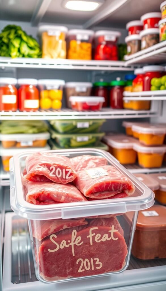 A well-organized refrigerator showcasing safe meat storage practices. In the foreground, a clear plastic storage container filled with neatly packaged raw meats, such as chicken and beef, sealed tightly to prevent leaks. The middle ground features a tidy arrangement of different colored food containers, all with tight lids, labeled with dates. In the background, shelves containing fresh vegetables and condiments, with a focus on cleanliness and organization. The lighting is bright and natural, emphasizing the freshness of the ingredients, captured from a slightly elevated angle to provide a comprehensive view. The atmosphere conveys a sense of efficiency and safety, perfect for busy families seeking effective fridge organization. A well-organized refrigerator showcasing safe meat storage practices. In the foreground, a clear plastic storage container filled with neatly packaged raw meats, such as chicken and beef, sealed tightly to prevent leaks. The middle ground features a tidy arrangement of different colored food containers, all with tight lids, labeled with dates. In the background, shelves containing fresh vegetables and condiments, with a focus on cleanliness and organization. The lighting is bright and natural, emphasizing the freshness of the ingredients, captured from a slightly elevated angle to provide a comprehensive view. The atmosphere conveys a sense of efficiency and safety, perfect for busy families seeking effective fridge organization.