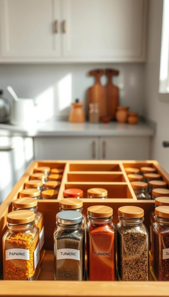A well-organized spice drawer featuring an array of colorful spice jars, each clearly labeled for easy identification. The foreground showcases a beautifully arranged set of jars in clear glass containers with wooden lids, displaying vibrant spices like paprika, turmeric, and cayenne pepper. In the middle ground, a sleek bamboo organizer fits perfectly within the drawer, highlighting its multi-tier design for optimal space utilization. The background consists of a subtle, soft-focus kitchen setting, with hints of light filtering through a nearby window, casting a warm glow. The overall mood is inviting and functional, emphasizing efficiency and ease in accessing your favorite spices. The perspective is at a slight angle to create depth, capturing both the beauty and practicality of the spice drawer organizer. A well-organized spice drawer featuring an array of colorful spice jars, each clearly labeled for easy identification. The foreground showcases a beautifully arranged set of jars in clear glass containers with wooden lids, displaying vibrant spices like paprika, turmeric, and cayenne pepper. In the middle ground, a sleek bamboo organizer fits perfectly within the drawer, highlighting its multi-tier design for optimal space utilization. The background consists of a subtle, soft-focus kitchen setting, with hints of light filtering through a nearby window, casting a warm glow. The overall mood is inviting and functional, emphasizing efficiency and ease in accessing your favorite spices. The perspective is at a slight angle to create depth, capturing both the beauty and practicality of the spice drawer organizer.