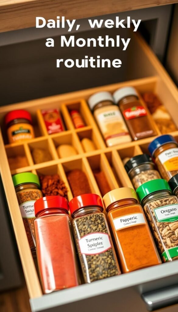 A well-organized spice drawer system filled with neatly labeled jars of various spices, showcasing a daily, weekly, and monthly routine setup. In the foreground, a selection of vibrant, colorful spice jars with clear labels can be seen, each containing spices like turmeric, paprika, and oregano. The middle section features a wooden spice organizer with compartments, elegantly displaying the spices in an attractive arrangement. In the background, soft, warm lighting illuminates the scene, creating a cozy kitchen atmosphere. The angle is slightly overhead, capturing the entire drawer system, emphasizing its organization and accessibility. The mood is inviting and practical, perfect for inspiring culinary routines. No text or additional elements present in the image. A well-organized spice drawer system filled with neatly labeled jars of various spices, showcasing a daily, weekly, and monthly routine setup. In the foreground, a selection of vibrant, colorful spice jars with clear labels can be seen, each containing spices like turmeric, paprika, and oregano. The middle section features a wooden spice organizer with compartments, elegantly displaying the spices in an attractive arrangement. In the background, soft, warm lighting illuminates the scene, creating a cozy kitchen atmosphere. The angle is slightly overhead, capturing the entire drawer system, emphasizing its organization and accessibility. The mood is inviting and practical, perfect for inspiring culinary routines. No text or additional elements present in the image.