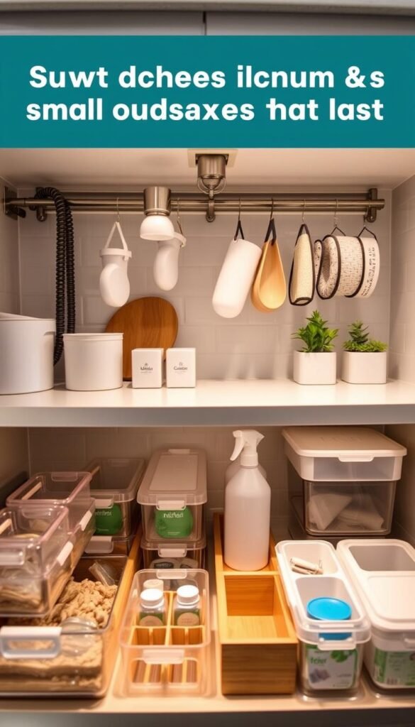 A well-organized under-sink area featuring smart materials and small upgrades that last. In the foreground, display an assortment of sleek, modern storage solutions—clear bins, bamboo drawer dividers, and eco-friendly product containers—neatly arranged. In the middle, showcase high-quality, water-resistant shelving and durable hooks for hanging cleaning supplies, all illuminated by soft, ambient lighting that highlights the textures and colors of the materials. In the background, a cozy, well-maintained kitchen setting, with a hint of greenery from small potted herbs on the countertop. The mood should feel clean, efficient, and inviting, conveying a serene organization routine, with a focus on practicality and longevity of materials. Use a wide-angle lens for a spacious feel.