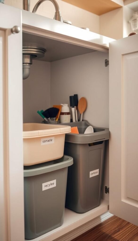 A well-organized under-sink kitchen bin area, showcasing various bins for recycling, compost, and trash. The foreground features an open cabinet door revealing neatly labeled bins in calming pastel colors. The middle layer includes essential kitchen cleaning supplies and organizational tools, such as a small caddy for sponges and brushes, neatly arranged by size and purpose. In the background, the kitchen sink area is partially visible, with soft, natural lighting filtering in from a nearby window, creating a warm and inviting atmosphere. The angle is slightly above eye level, emphasizing neatness and functionality. The overall mood is serene and efficient, reflecting a well-maintained kitchen zone that encourages organization and ease of access.