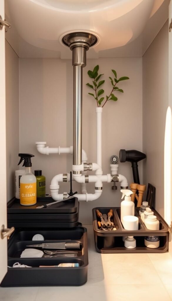 A well-organized under-sink space featuring an array of pipes, showcasing creative storage solutions. In the foreground, sleek and modern storage trays are neatly arranged around the plumbing, filled with cleaning supplies, and organized tools. The middle ground presents an intricate layout of exposed pipes, with soft shadows cast by the warm, ambient lighting, highlighting their curves and textures. The background features a calm, minimalist bathroom setting with light-colored cabinetry and fresh plants for a touch of greenery. The angle is slightly low, providing a unique perspective that emphasizes the clever use of awkward space. The overall mood is clean and inviting, illustrating a harmonious blend of functionality and style in home organization.