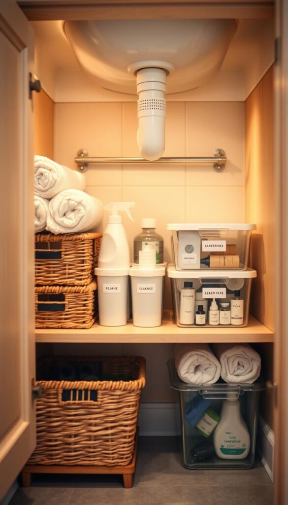 A well-organized under-the-sink bathroom storage area, featuring neatly arranged baskets, clear storage bins, and rolled towels. In the foreground, include a light wooden cabinet with a soft-close door, slightly ajar to reveal its contents. In the middle, showcase a variety of labeled containers holding cleaning supplies and personal care items, such as shampoo bottles and lotions. Background items include a subtle hint of plumbing pipes and a clean, tiled wall to add depth. The lighting is bright and warm, creating a welcoming and tidy atmosphere. Use a shallow depth of field to focus on the storage solutions while keeping the background slightly blurred for a clean look. The overall mood should convey simplicity and efficiency in home organization.