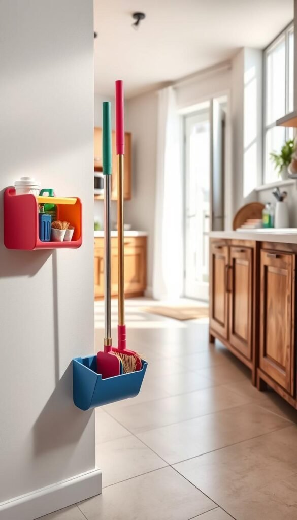 A well-organized utility corner featuring a stylish mop and broom holder. In the foreground, focus on a sleek, wall-mounted organizer made of durable plastic with vibrant colors, showcasing slots for a mop, broom, and various cleaning tools. The middle ground reveals a clean, tiled kitchen floor complemented by a rustic wooden cabinet and neatly arranged cleaning supplies, indicating a tidy space. In the background, soft, natural light filters through a large window, casting gentle shadows, enhancing the inviting atmosphere. The angle is slightly elevated to capture the entire setup while highlighting the efficient use of space, exuding practicality and modern design. A well-organized utility corner featuring a stylish mop and broom holder. In the foreground, focus on a sleek, wall-mounted organizer made of durable plastic with vibrant colors, showcasing slots for a mop, broom, and various cleaning tools. The middle ground reveals a clean, tiled kitchen floor complemented by a rustic wooden cabinet and neatly arranged cleaning supplies, indicating a tidy space. In the background, soft, natural light filters through a large window, casting gentle shadows, enhancing the inviting atmosphere. The angle is slightly elevated to capture the entire setup while highlighting the efficient use of space, exuding practicality and modern design.