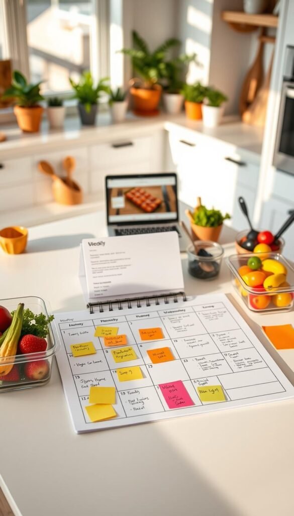 A well-organized weekly planner laid out on a clean, modern kitchen countertop. In the foreground, colorful sticky notes and labeled meal prep containers feature fresh fruits and vegetables, creating a vibrant, inviting scene. The middle layer showcases a neat weekly calendar, with sections for each day filled with appealing meal options, surrounded by kitchen utensils and a laptop displaying a recipe. In the background, a bright, sunlit kitchen with minimalist decor and potted plants enhances the fresh, motivating atmosphere. The warm lighting casts soft shadows, creating a cozy yet efficient vibe. The overall mood is one of organization and clarity, reflecting the benefits of meal preparation and planning for a cleaner home. A well-organized weekly planner laid out on a clean, modern kitchen countertop. In the foreground, colorful sticky notes and labeled meal prep containers feature fresh fruits and vegetables, creating a vibrant, inviting scene. The middle layer showcases a neat weekly calendar, with sections for each day filled with appealing meal options, surrounded by kitchen utensils and a laptop displaying a recipe. In the background, a bright, sunlit kitchen with minimalist decor and potted plants enhances the fresh, motivating atmosphere. The warm lighting casts soft shadows, creating a cozy yet efficient vibe. The overall mood is one of organization and clarity, reflecting the benefits of meal preparation and planning for a cleaner home.