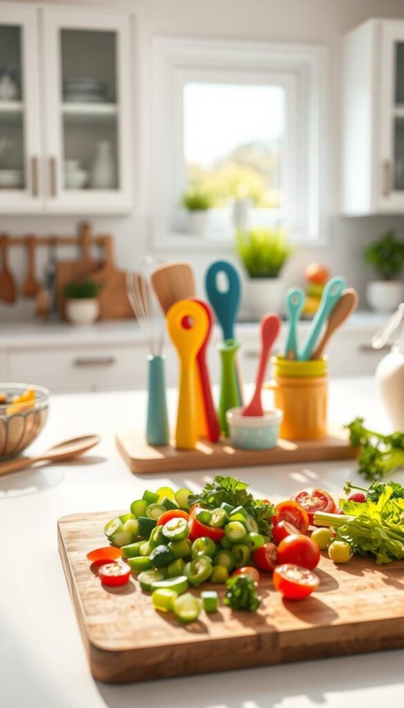 A well-organized workspace featuring various light kitchen tools and utensils, such as spatulas, measuring cups, and cutting boards, neatly arranged on a clean countertop. In the foreground, a wooden cutting board with freshly chopped vegetables, with bright, natural lighting highlighting the freshness of the ingredients. In the middle, an elegantly designed set of colorful kitchen gadgets, including a whisk and a peeler, arranged in an aesthetically pleasing manner. In the background, a softly blurred kitchen setting, with cabinets and a sunny window allowing warm light to create an inviting atmosphere. The overall mood is clean, modern, and efficient, emphasizing simplicity and functionality. The image should focus solely on the tools without any people or distracting elements.
