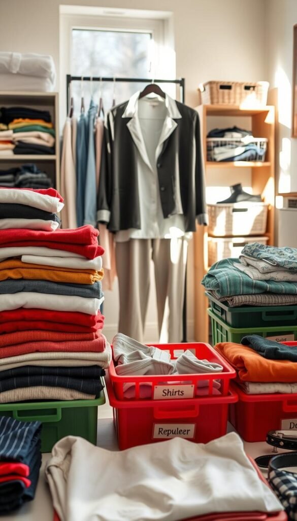 A well-organized workspace showcasing neatly folded clothes in various categories, such as shirts, pants, and accessories, fills the foreground. The clothes are arranged in colorful stacks and labeled bins to visually represent the idea of decluttering by category. In the middle ground, a cozy room with soft natural lighting streams through a window, casting gentle shadows that add warmth to the scene. A stylish yet modest casual outfit hangs on a clothing rack, symbolizing a fresh start. The background includes a tidy shelf with storage baskets, enhancing the theme of organization. The overall atmosphere is calm and inviting, encouraging a sense of peace and clarity amidst the clutter. The focus is on the clothing and organization without any text or human elements. A well-organized workspace showcasing neatly folded clothes in various categories, such as shirts, pants, and accessories, fills the foreground. The clothes are arranged in colorful stacks and labeled bins to visually represent the idea of decluttering by category. In the middle ground, a cozy room with soft natural lighting streams through a window, casting gentle shadows that add warmth to the scene. A stylish yet modest casual outfit hangs on a clothing rack, symbolizing a fresh start. The background includes a tidy shelf with storage baskets, enhancing the theme of organization. The overall atmosphere is calm and inviting, encouraging a sense of peace and clarity amidst the clutter. The focus is on the clothing and organization without any text or human elements.