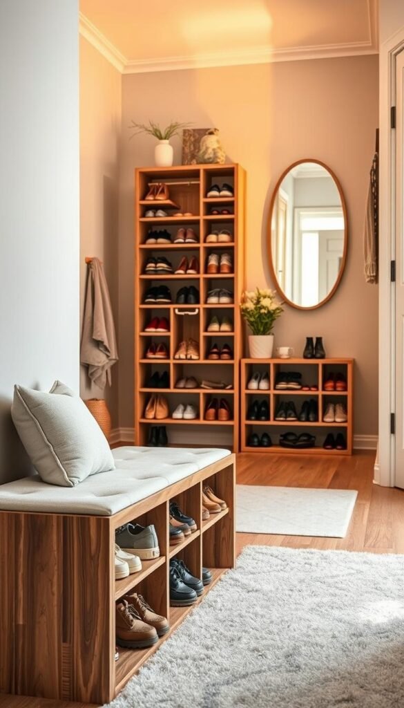 An aesthetically pleasing entryway featuring a stylish shoe storage solution that blends functionality with design. In the foreground, a sleek wooden bench with a plush cushion, providing seating for putting on shoes. Integrated within the bench, organized compartments hold various shoes neatly displayed. In the middle ground, a chic locker unit with a mix of open and closed storage, showcasing a curated selection of footwear. The background features a warmly lit entryway with decorative plants and a hallway mirror reflecting soft natural light. The scene is bright and inviting, capturing a modern, organized atmosphere that emphasizes efficient shoe organization in a stylish home. The angle is slightly angled from above to showcase both the bench and locker in depth.