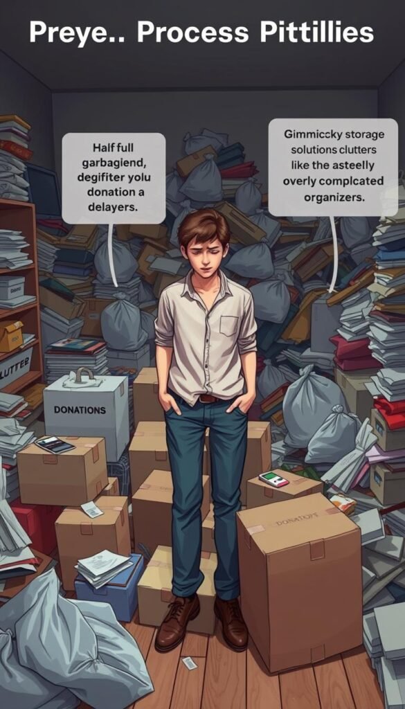 An illustration of "process pitfalls" in decluttering, featuring a cluttered room in disarray. In the foreground, emphasize a distracted individual wearing modest casual clothing, surrounded by items on the floor, struggling with decision-making. Include a few unopened boxes labeled "Donations" representing donation delays. In the middle ground, depict half-full garbage bags overflowing, symbolizing panic tossing, and an avalanche of clutter revealing gimmicky storage solutions like overly complicated organizers. The background should show a dimly lit chaotic space with faint shadows, conveying a feeling of frustration and overwhelm. Use soft, diffused lighting to create a somber atmosphere that reflects the challenges of decluttering. Aim for a slightly tilted perspective to emphasize the sense of disorder in the scene. An illustration of "process pitfalls" in decluttering, featuring a cluttered room in disarray. In the foreground, emphasize a distracted individual wearing modest casual clothing, surrounded by items on the floor, struggling with decision-making. Include a few unopened boxes labeled "Donations" representing donation delays. In the middle ground, depict half-full garbage bags overflowing, symbolizing panic tossing, and an avalanche of clutter revealing gimmicky storage solutions like overly complicated organizers. The background should show a dimly lit chaotic space with faint shadows, conveying a feeling of frustration and overwhelm. Use soft, diffused lighting to create a somber atmosphere that reflects the challenges of decluttering. Aim for a slightly tilted perspective to emphasize the sense of disorder in the scene.