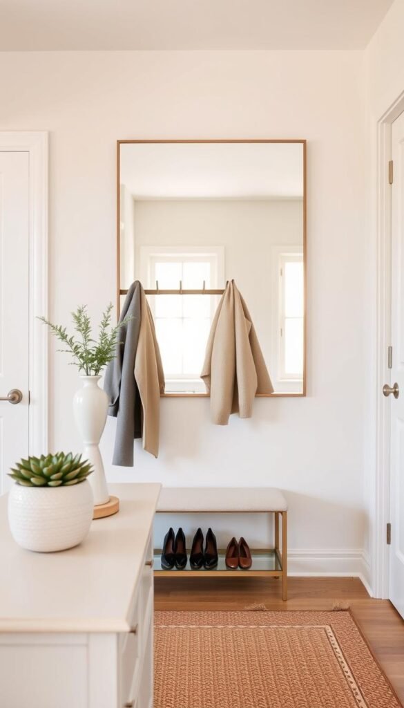 An inviting entryway designed for a calm and organized atmosphere. In the foreground, a neatly arranged console table with a few decorative items like a potted succulent and an elegant vase. In the middle, a stylish coat rack holds a couple of subdued-colored jackets, while a chic shoe bench sits beneath it, displaying a pair of polished shoes. The backdrop features soft, neutral-toned walls with a large mirror reflecting natural light, illuminating the space with a warm glow. A woven rug adds a touch of coziness. The overall mood is serene and uncluttered, conveying a sense of welcome and tranquility. The image should be captured with soft, diffused lighting, emphasizing depth and inviting simplicity.