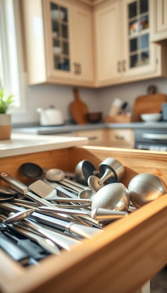 An organized kitchen drawer, partially opened, showcasing a gentle decluttering process. In the foreground, a variety of kitchen utensils, like spatulas and measuring cups, neatly arranged and partially sorted into piles. In the middle, a wooden drawer interior with soft lighting highlighting the contrasting textures of metal and wood, creating a warm atmosphere. The background shows a cozy kitchen setting with soft-focus elements, such as cabinets and a hint of natural light streaming through a window. The scene conveys a sense of calm and focus, reflecting the idea of a simple and effective decluttering solution. Use a soft lens to enhance the inviting mood, with diffused sunlight casting gentle shadows. An organized kitchen drawer, partially opened, showcasing a gentle decluttering process. In the foreground, a variety of kitchen utensils, like spatulas and measuring cups, neatly arranged and partially sorted into piles. In the middle, a wooden drawer interior with soft lighting highlighting the contrasting textures of metal and wood, creating a warm atmosphere. The background shows a cozy kitchen setting with soft-focus elements, such as cabinets and a hint of natural light streaming through a window. The scene conveys a sense of calm and focus, reflecting the idea of a simple and effective decluttering solution. Use a soft lens to enhance the inviting mood, with diffused sunlight casting gentle shadows.