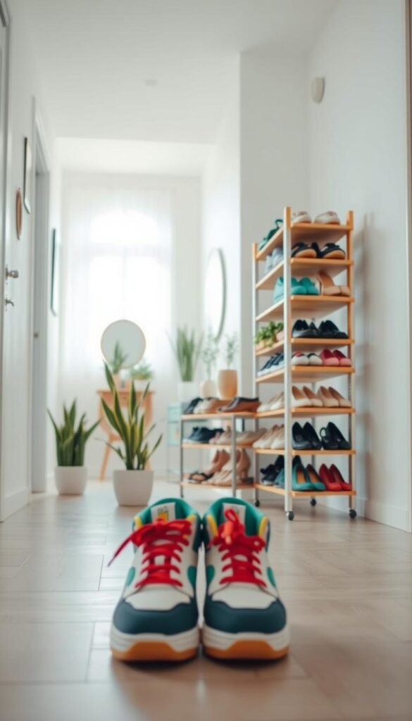An organized modern shoe rack standing prominently in a bright, airy entryway. The rack features multiple tiers, holding an array of stylish shoes — sneakers, heels, and sandals — all neatly arranged by color. In the foreground, a pair of cute, colorful sneakers sits slightly off-center, inviting engagement. The middle ground showcases the shoe rack itself with wooden accents, surrounded by potted plants that add a touch of greenery. In the background, a softly lit hallway with light-colored walls and a small mirror enhances the spacious feel. Natural sunlight streams through a nearby window, creating a warm and welcoming atmosphere that embodies calm and order in shoe organization. Aim for a clear focus with a slight depth of field to emphasize the shoe rack's design and aesthetics.