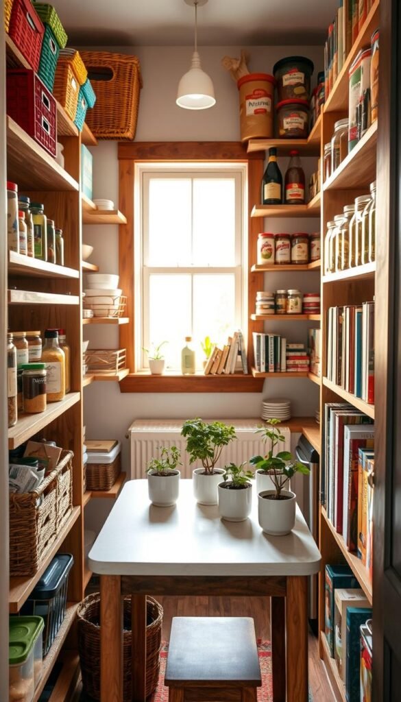 Small space shelves creatively organized in a cozy pantry setting, showcasing various storage solutions like colorful baskets and clear jars filled with dry goods. In the foreground, wooden shelves are filled with neatly arranged spices, canned goods, and cookbooks, emphasizing a functional yet aesthetic design. The middle ground features a compact kitchen table adorned with fresh herbs in small pots, while the background captures the warmth of natural light filtering through a window, illuminating the scene. The overall atmosphere is inviting and practical, perfect for maximizing storage in small rentals. Use soft lighting to highlight the textures of the wood and the vibrant colors of the food items, captured from a slightly angled perspective to create depth and interest. Small space shelves creatively organized in a cozy pantry setting, showcasing various storage solutions like colorful baskets and clear jars filled with dry goods. In the foreground, wooden shelves are filled with neatly arranged spices, canned goods, and cookbooks, emphasizing a functional yet aesthetic design. The middle ground features a compact kitchen table adorned with fresh herbs in small pots, while the background captures the warmth of natural light filtering through a window, illuminating the scene. The overall atmosphere is inviting and practical, perfect for maximizing storage in small rentals. Use soft lighting to highlight the textures of the wood and the vibrant colors of the food items, captured from a slightly angled perspective to create depth and interest.