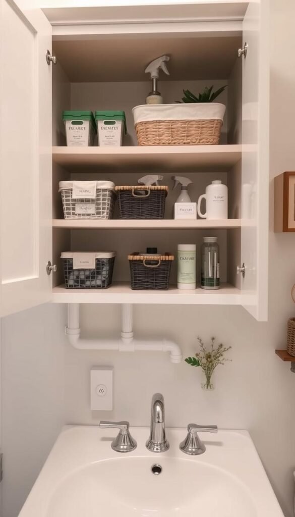 Under-the-sink bathroom cabinet layout designed around plumbing pipes, featuring attractive, organized storage solutions. In the foreground, neatly arranged shelves with labeled bins, baskets, and cleaning supplies. The middle ground showcases the plumbing pipes clearly integrated into the design, emphasizing a practical approach to cabinet layout. The background includes a light-colored bathroom wall with subtle decorative elements like plants or artwork, creating a serene atmosphere. Soft, diffused lighting enhances the scene, highlighting the organization and functionality of the space. The angle is a slightly raised view, allowing a comprehensive perspective of the cabinet, making it feel inviting and well thought out.