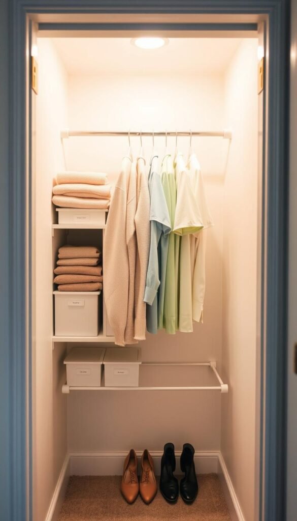 a small, organized closet featuring clean lines and efficient use of space. In the foreground, neatly folded sweaters and labeled storage boxes are displayed on a small shelf, while a row of hanging shirts in pastel colors fills the middle area. A couple of pairs of shoes are stacked neatly at the bottom on a shoe rack. The background reveals walls painted in soft, neutral tones, complemented by warm, inviting lighting that emphasizes the orderly atmosphere. The scene is captured from a slightly angled perspective to showcase depth, creating a sense of openness within the compact space. The overall mood conveys tranquility and functionality, ideal for beginners seeking closet organization inspiration.